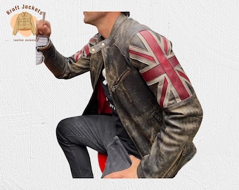 Chaqueta motera con la bandera británica – Chaqueta de cuero vintage desgastada para hombre, estilo motero con la bandera del Reino Unido, prenda exterior clásica del punk rock británico