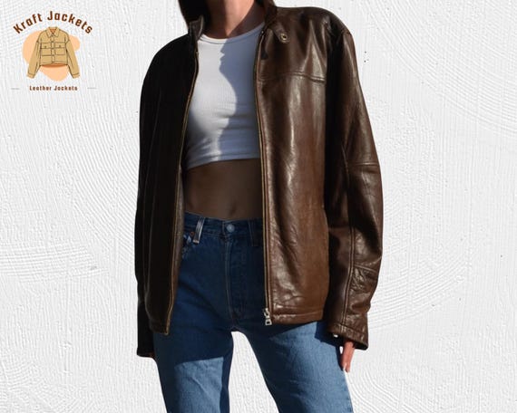 90s Vintage Oversized Women Brown Leather Bomber Jacket, Handmade