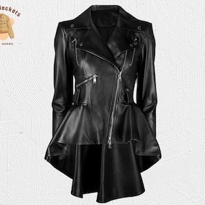 May include: A black leather jacket featuring an asymmetrical zip, peplum waist, and multiple zipped pockets. The jacket has a notched collar and a distinctive, flared hem. The Kraft Jackets logo is visible in the top left corner.
