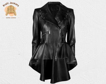 Women’s Peplum Black Lambskin Leather Jacket – Trendy Real Leather Jacket, Fashion Outerwear, Slim Fit Designer Style