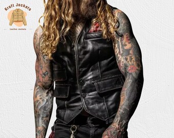 Gilet sans manches en cuir noir pour hommes - style veste de moto motard vintage slim fit, tenue moto sans manches mode en cuir véritable