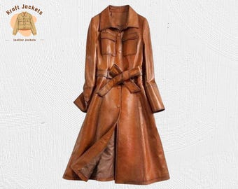 Handmade Italian Brown Leather Trench Coat for Women – Waxed Tan Long Overcoat Style, Real Leather Tailored Fashion Coat