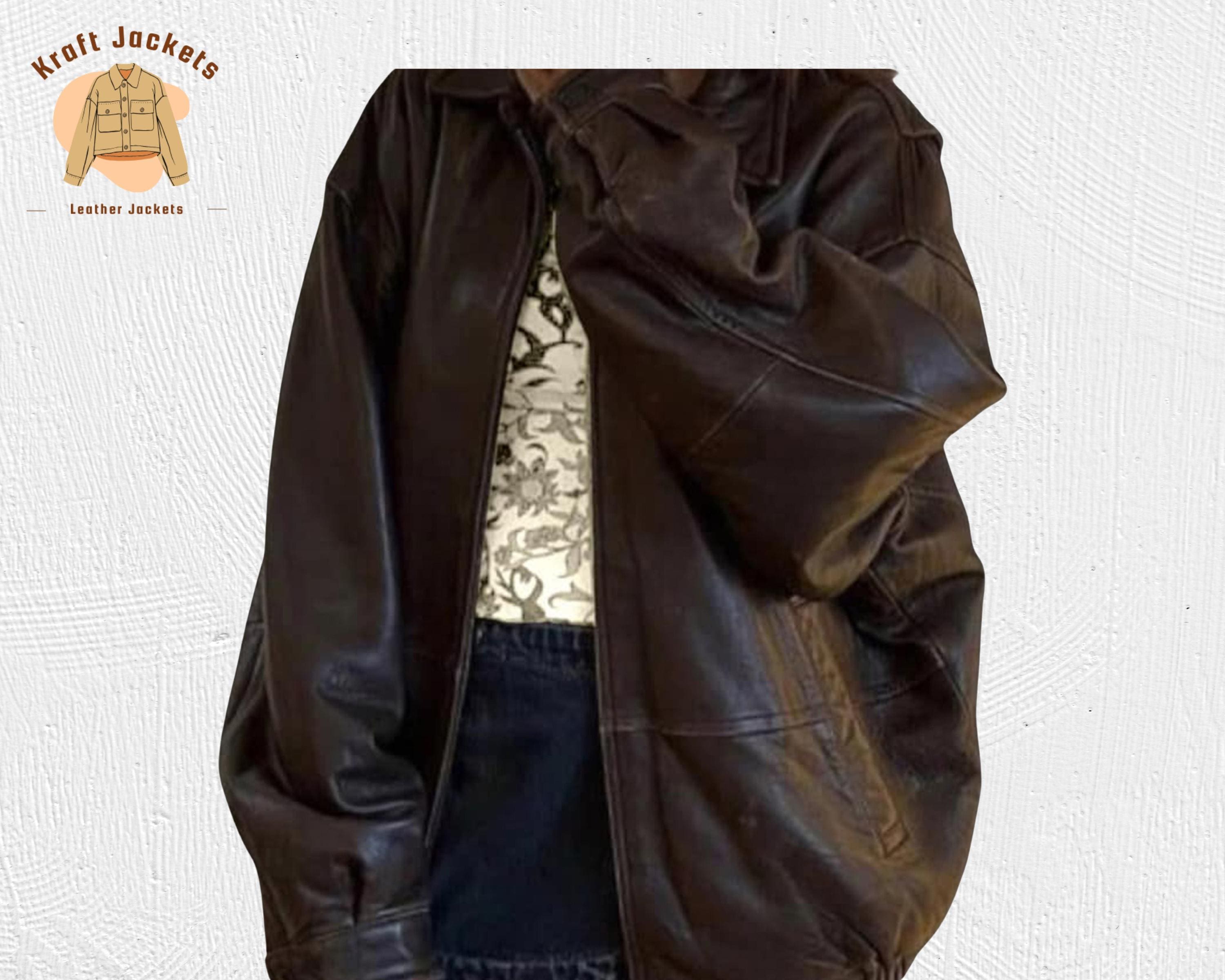 90s Vintage Oversized Women Brown Leather Bomber Jacket, Handmade 