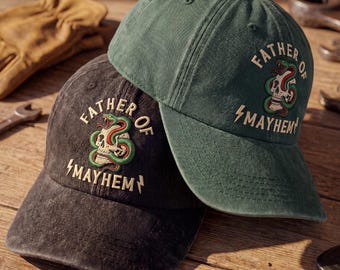 Father Of Mayhem Hat, Acid Wash Embroidered Cap, Skull And Snake Dad Hat, Funny Fathers Day Gift For Him, Vintage Distressed Baseball Cap