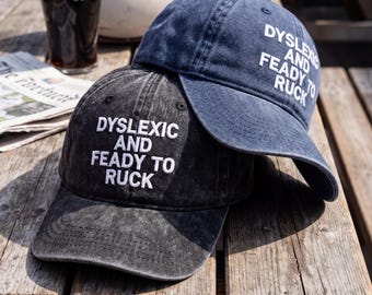 Funny Rugby Hat, Dyslexic And Feady To Ruck Cap, Embroidered Acid Wash Dad Hat, Sports Joke Vintage Cap, Rugby Fan Gift, Gift for Dad