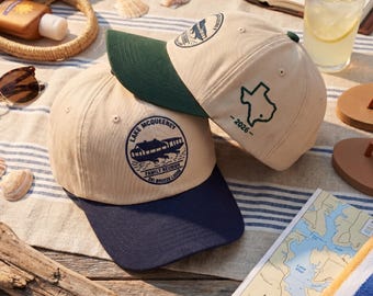 Lake McQueeney Vacation Hat, Embroidered Baseball Cap, Texas Family Reunion Dad Hat, Lake Life Vintage Two Tone Cap, Summer Trip Apparel