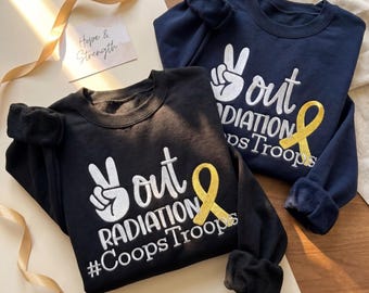 Peace Out Radiation Embroidered Sweatshirt, Coops Troops Awareness Crewneck, Gold Ribbon Cancer Support Gift
