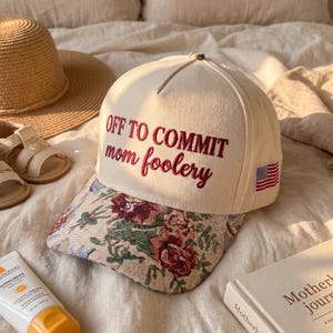 Off To Commit Mom Foolery Hat, Floral Brim Embroidered Baseball Cap, Funny Mom Life Gift, Sarcastic Mother Cap, Tapestry Pattern Floral Hat