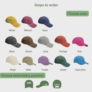 K&ouml;nnte beinhalten: Abbildung von Baseballkappen in verschiedenen Farben: Gelb, Weinrot, Marineblau, Schwarz, Braun, Grau, Orange, Pink, Beige, Oliv, Lila, Gr&uuml;n und Capri-Blau. Zeigt auch Stickpositionen: vorne, Seite und hinten.