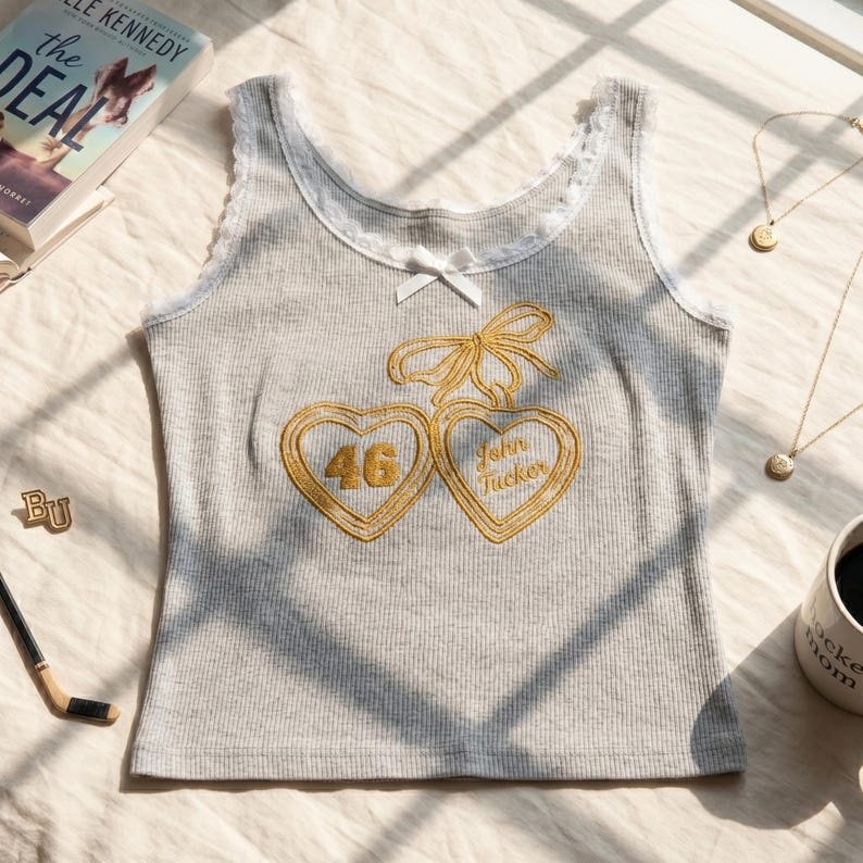 May include: A grey ribbed vest top featuring white lace trim along the neckline and armholes, a small white bow at the centre, and an embroidered design of two gold hearts connected by a bow, with the number 46 and the text John Tucker inside.