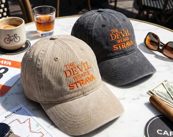 Embroidered The Devil Wears Strava Hat, Funny Running Washed Cap, Marathon Runner Gift, Gym Workout Cap, Gift For Dad, Birthday Gift