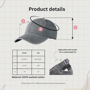 K&ouml;nnte beinhalten: Graue Baseballkappe aus gewaschener Baumwolle mit verstellbarem Schnallenverschluss. Die Produktdetails umfassen Ma&szlig;e f&uuml;r Erwachsene und Kinder. Die Kappe besteht aus 100 % gewaschener Baumwolle.