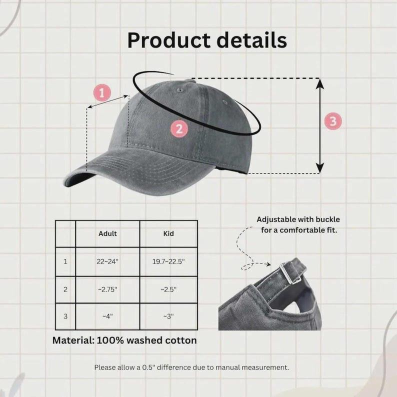 K&ouml;nnte beinhalten: Graue Baseballkappe aus gewaschener Baumwolle mit verstellbarem Schnallenverschluss. Die Produktdetails umfassen Ma&szlig;e f&uuml;r Erwachsene und Kinder. Die Kappe besteht aus 100 % gewaschener Baumwolle.