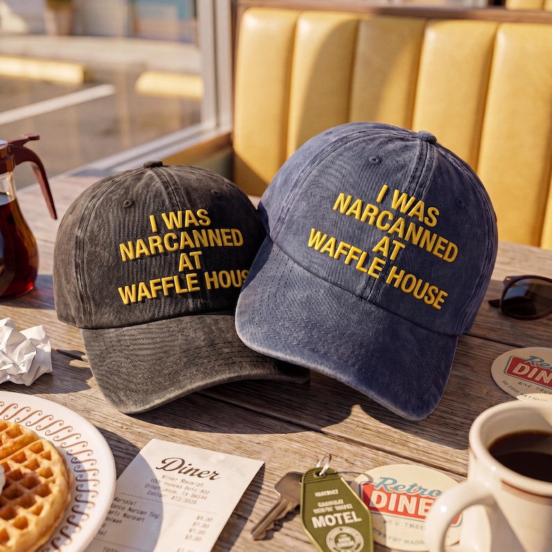 Personalize I Was Narcanned At Waffle House Embroidered Dad Hat, Funny Meme Cap, Washed Black Baseball Hat, Dad Gift, Father's Day Gift Bild 1