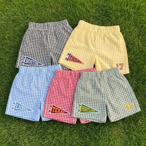 May include: Five pairs of gingham shorts in black, yellow, light blue, red, and green. Each pair features a pennant-shaped graphic with text including Boston, Tigers, Lions, Texas, and Portland, plus the numbers 17 and 42 on specific pairs.