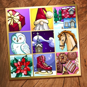 Peut inclure: Illustration carrée avec une bordure dorée, présentant neuf carrés colorés. Les carrés représentent un coffret cadeau rouge, un gnome, une maison, un hibou, une église, un cheval, un poinsettia, un patin à glace rouge et des bonbons. Fond en bois.