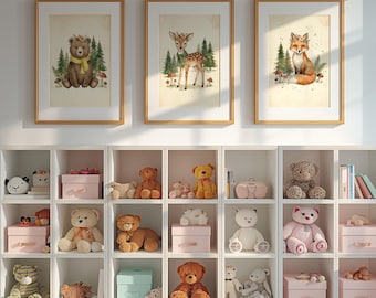 Woodland Nursery Prints Set – Watercolor Forest Animals, Boho Decor