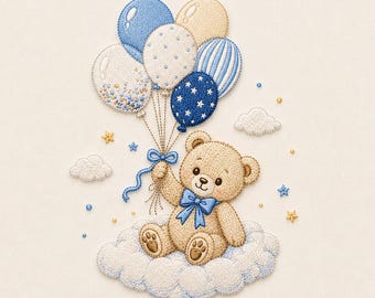 Teddy Bear Balloon Embroidery Design, Cute Baby Bear on Cloud, Nursery Bear Embroidery, Baby Shower Design