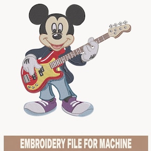 May include: An embroidery design featuring a cartoon mouse character wearing a dark jacket, blue jeans, and purple sneakers, playing a red and yellow electric bass guitar. Below the character, a brown rectangular bar displays the text EMBROIDERY FILE FOR MACHINE.