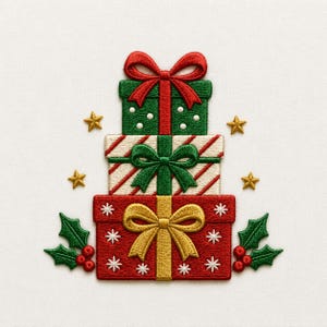 May include: An embroidered patch featuring a stack of three gift boxes. The top box is green with white dots and a red bow. The middle box is white with red diagonal stripes and a green bow. The bottom box is red with white stars and a gold bow.