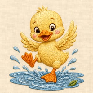 Può includere: Un disegno ricamato di un allegro anatroccolo giallo con piedi e becco arancioni, che sguazza in una pozzanghera d'acqua blu. L'anatroccolo ha occhi grandi, guance rosa e ali spiegate, circondato da goccioline d'acqua blu sparse.