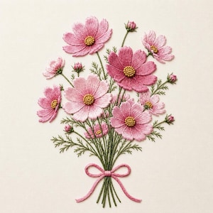 Può includere: Bouquet ricamato di fiori di cosmo rosa con centri gialli e steli e foglie verdi. Il bouquet è legato con un nastro rosa su uno sfondo color crema. I fiori sono in varie fasi di fioritura.