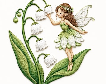 Lily of the Valley Fairy Embroidery Design, Green Flower Fairy Machine Embroidery File, Woodland Fairy Pattern, Spring Floral Fantasy Art