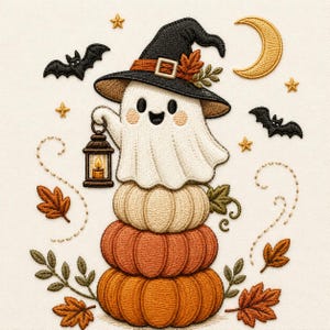 May include: An embroidered patch featuring a white ghost wearing a black witch hat, holding a lantern, and sitting atop a stack of three pumpkins. The design includes two black bats, a yellow crescent moon, small stars, and scattered autumn leaves.