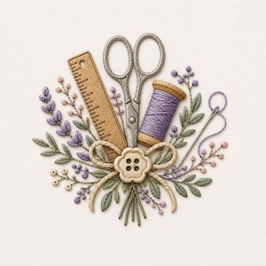 Puede incluir: Un diseño de bordado que presenta una regla de madera, tijeras plateadas, un carrete de hilo morado y una aguja, dispuestos con ramas de lavanda, hojas verdes, bayas color crema y un botón beige de cuatro agujeros atado con un cordón.