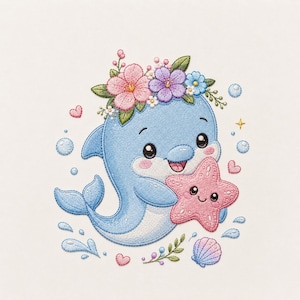 May include: Embroidered image of a smiling blue dolphin wearing a floral crown, holding a pink starfish. The design includes bubbles, hearts, a seashell, and sprigs of greenery, all on a white background.