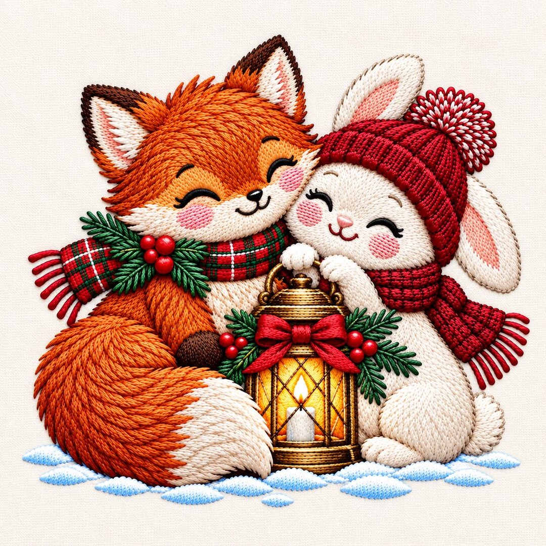 Winter Fox Bunny Lantern Embroidery Design, Woodland Friends With Plaid ...