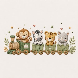 May include: An embroidered patch featuring a train with four green cars. A brown monkey, a black and white zebra, a spotted leopard, and a gray rhinoceros sit in the cars. The design includes small green leaves, stars, and hearts around the train.