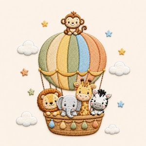 May include: An embroidered patch featuring a multi-colored hot air balloon with a brown monkey sitting on top. The basket contains a lion, an elephant, a giraffe, and a zebra. The design includes small embroidered clouds and stars in various colors.