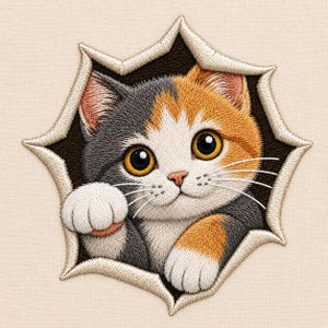 Peut inclure: Un écusson brodé représentant un chaton calico aux grands yeux ambrés et aux pattes blanches, passant la tête par un trou en forme d'étoile aux bords déchiquetés. Le chaton présente des taches de fourrure grise, orange et blanche.