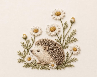 Cute Hedgehog Embroidery Design, Daisy Flower Hedgehog Embroidery File, Woodland Animal Machine Embroidery Pattern