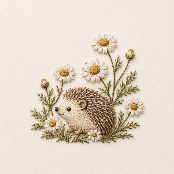 Cute Hedgehog Embroidery Design, Daisy Flower Hedgehog Embroidery File, Woodland Animal Machine Embroidery Pattern