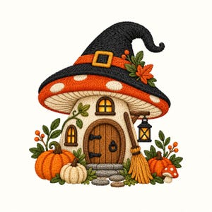 May include: An embroidered patch featuring a mushroom house with a black witch hat roof, orange and white pumpkins, green leaves, and a broomstick. The house has a brown arched door, two glowing windows, and a hanging lantern with a warm yellow light.