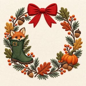 Autumn Fox Wreath Machine Embroidery Design, Green Rain Boot Pumpkin Acorns Fall Leaves Red Bow Woodland Decor