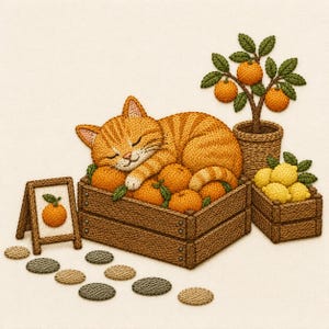Può includere: Una scena ricamata con un gatto tigrato arancione che dorme in una cassa di legno piena di arance. Accanto si trovano un piccolo albero di arance in vaso, una cassa più piccola di limoni, un cartello incorniciato con un'illustrazione di un'arancia e sottobicchieri circolari.