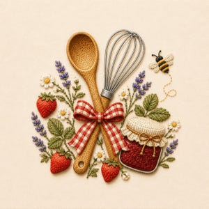May include: An embroidery design featuring a wooden spoon and a metal whisk tied with a red and white checkered ribbon, surrounded by embroidered strawberries, lavender sprigs, white daisies, a small jar of red jam, and a flying bumblebee.