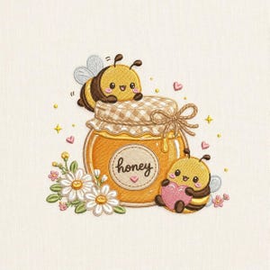 May include: An embroidered image of a honey jar with two cartoon bees. The jar is filled with honey and has a gingham lid. One bee sits on the lid, and the other holds a pink heart. Daisies and hearts surround the jar.
