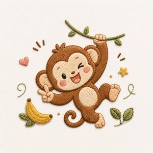 Puede incluir: Mono de dibujos animados bordado con un plátano, un corazón y una estrella. El mono es marrón con una cara sonriente, un guiño y sostiene una vid verde. El plátano es amarillo y el corazón es rosa.