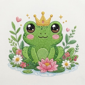 May include: Embroidered image of a green frog wearing a gold crown, surrounded by flowers, leaves, and hearts. The frog has large, expressive eyes and pink cheeks. A pink lotus flower is in front of the frog. The design is on a white background.