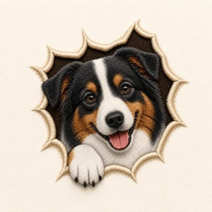 Peut inclure: Un écusson brodé représentant un chien berger australien tricolore au pelage noir, blanc et feu. Le chien est représenté passant la tête par un trou en forme d'étoile aux bords dentelés sur fond brun foncé, montrant son visage et une patte.