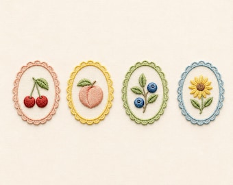 Vintage fruktblommig broderipaket, körsbärspersika blåbär solros broderidesignset, Cottagecore maskinbroderifiler