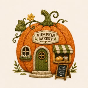 Pode incluir: Um bordado em forma de abóbora representando uma padaria com porta verde, janela com flores brancas e toldo listrado sobre um balcão. Uma placa diz PUMPKIN BAKERY e outra Fresh Baked with Love. Tons de laranja, verde e branco.