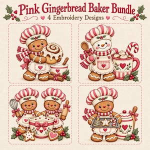 以下が含まれることがあります： Pink Gingerbread Baker Bundle 4 Embroidery Designsというタイトルのデジタル刺繍デザインセット。ピンクと白のストライプのシェフハット、エプロン、スカーフを身に着けたジンジャーブレッドのキャラクターと雪だるまのイラストが4つ描かれています。