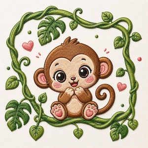 Peut inclure: Un écusson brodé représentant un singe marron aux grands yeux sombres et aux joues roses, assis dans un cadre de vignes vertes et de feuilles de monstera. Le motif inclut de petits cœurs roses et des traits courts autour du singe.