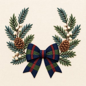 May include: An embroidery design featuring a central navy, green, and red plaid bow flanked by two symmetrical arrangements of evergreen sprigs, brown pinecones, and small white berries on a plain, light-colored fabric background.