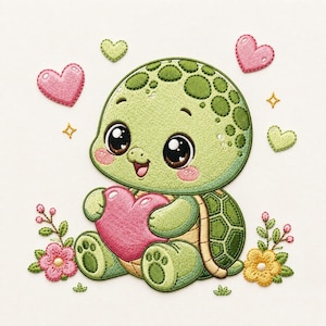 Puede incluir: Un diseño bordado de una tortuga de color verde claro con grandes ojos oscuros que sostiene un corazón rosa. La tortuga está rodeada de pequeños corazones rosas y verdes, flores amarillas y rosas con hojas verdes y estrellas amarillas de cuatro puntas.